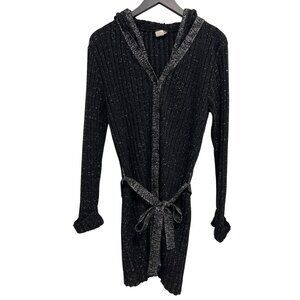 Smooches Robe Sweater Dress Size Large Hooded Button Front Metallic Black Silver